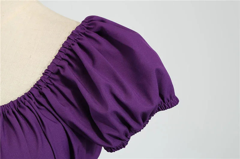 Women Vintage Dress Robe Elegant Party  Casual Office Midi Dress Femme Summer Puff Sleeve Square Collar Solid Red