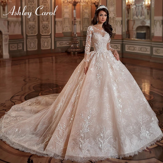 Ashley Carol Lace Ball Gown Wedding Dresses Sexy Vestido De Noiva Long Sleeve Appliques Lace Up Luxury Cathedral Wedding Gowns