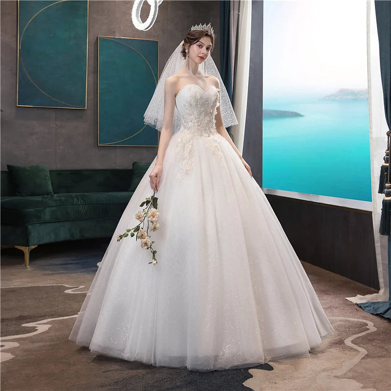 Strapless Wedding Gown With Train Shiny Wedding Party Ball Gown Luxury Lace Robe De Mariee Customized Plus Size