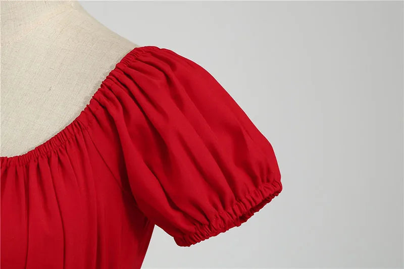Women Vintage Dress Robe Elegant Party  Casual Office Midi Dress Femme Summer Puff Sleeve Square Collar Solid Red