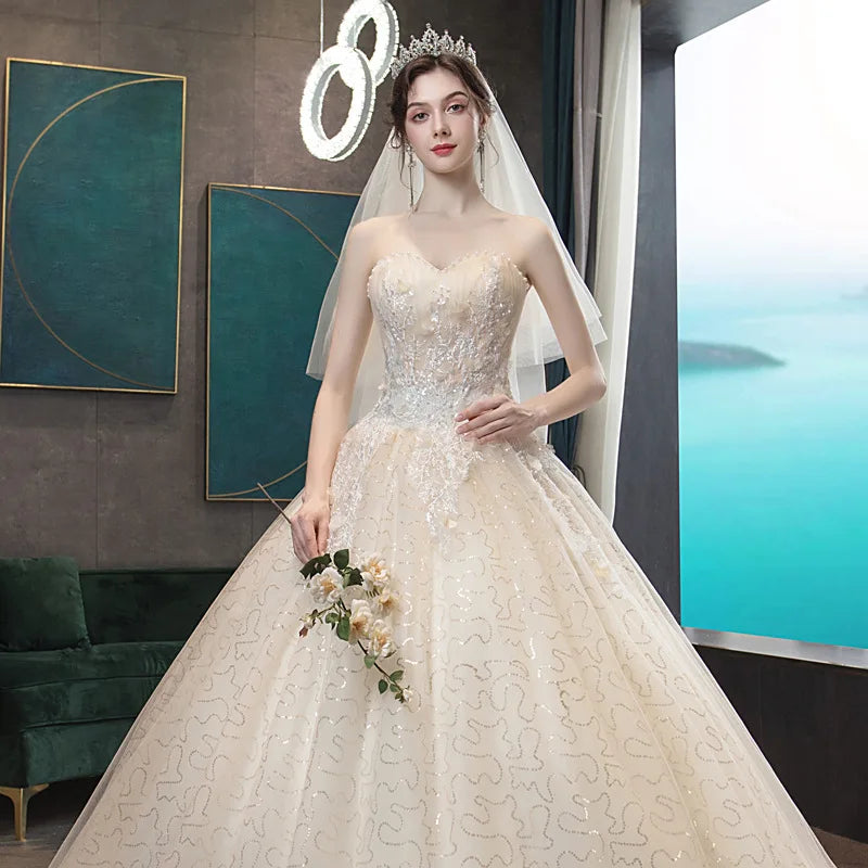Strapless Wedding Gown With Train Shiny Wedding Party Ball Gown Luxury Lace Robe De Mariee Customized Plus Size