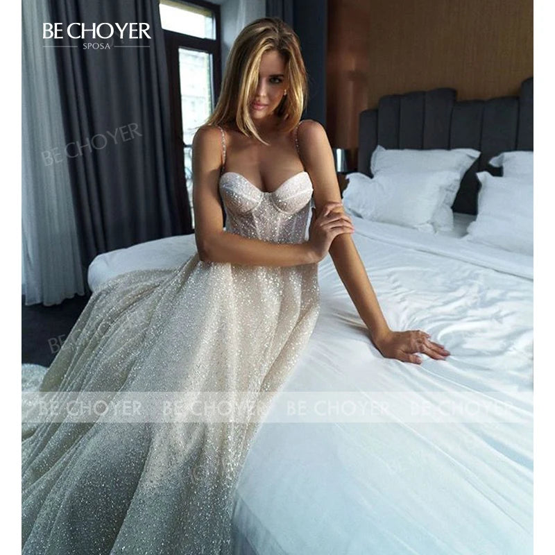 Wedding Dress Shiny Sleeveless A-Line Beach Beaded 2025 Boho Party Bride Gown Princess BECHOYER PT02 customized Vestido De Noiva