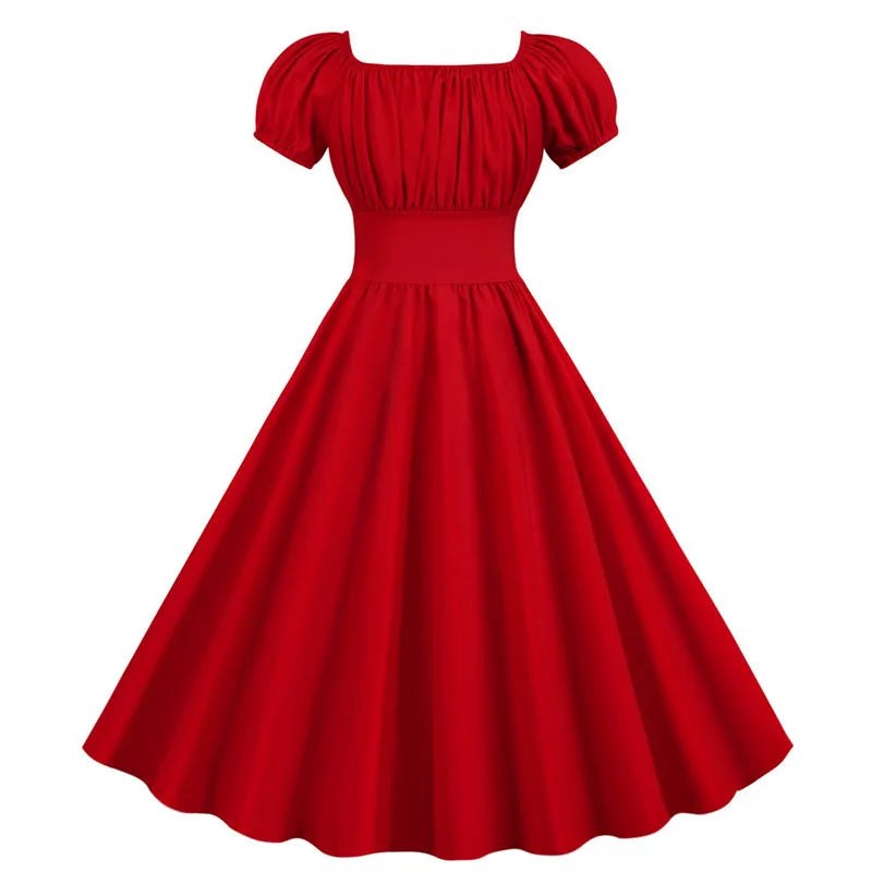 Women Vintage Dress Robe Elegant Party  Casual Office Midi Dress Femme Summer Puff Sleeve Square Collar Solid Red