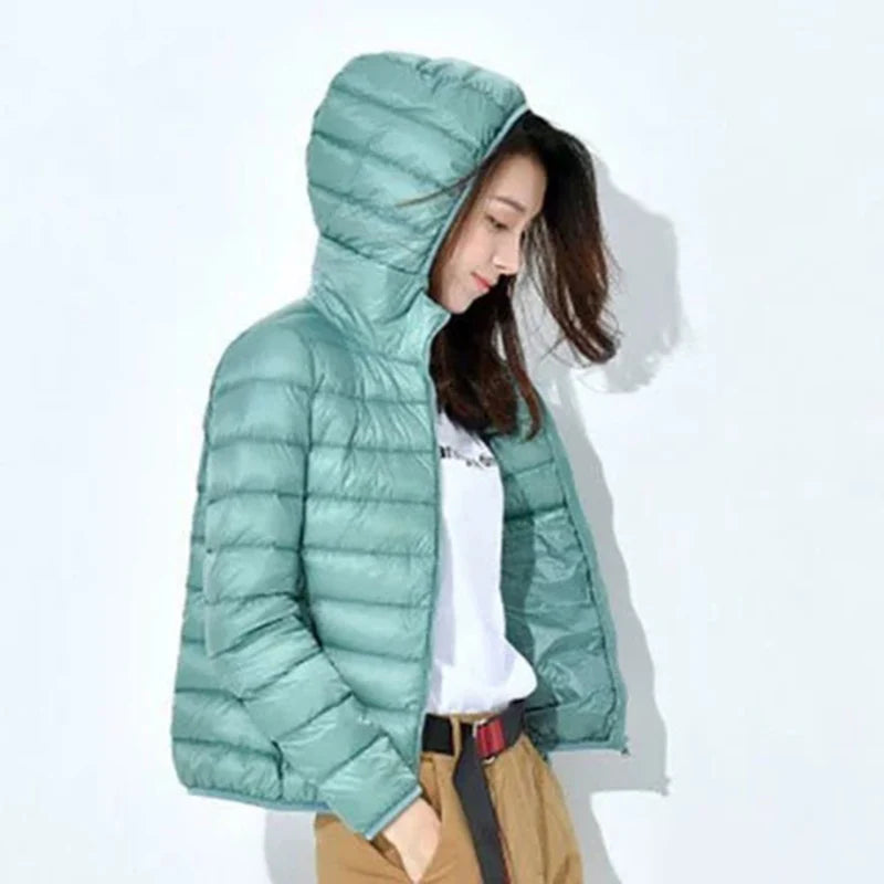 2022 Duck Ultra Light Down Jacket Women Winter Goose Feather Coat Thin Slim Warm Parka Hooded Outerwear Double Side Wear