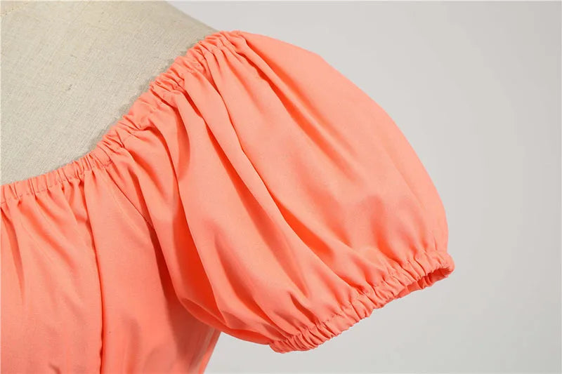 Women Vintage Dress Robe Elegant Party  Casual Office Midi Dress Femme Summer Puff Sleeve Square Collar Solid Red