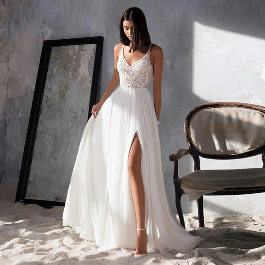 Jiayigong Sexy Wedding Dress 2022 V Neck Sparkling Sequin Lace Chiffon Bride Dresses Side Slit Beach Bridal Gowns