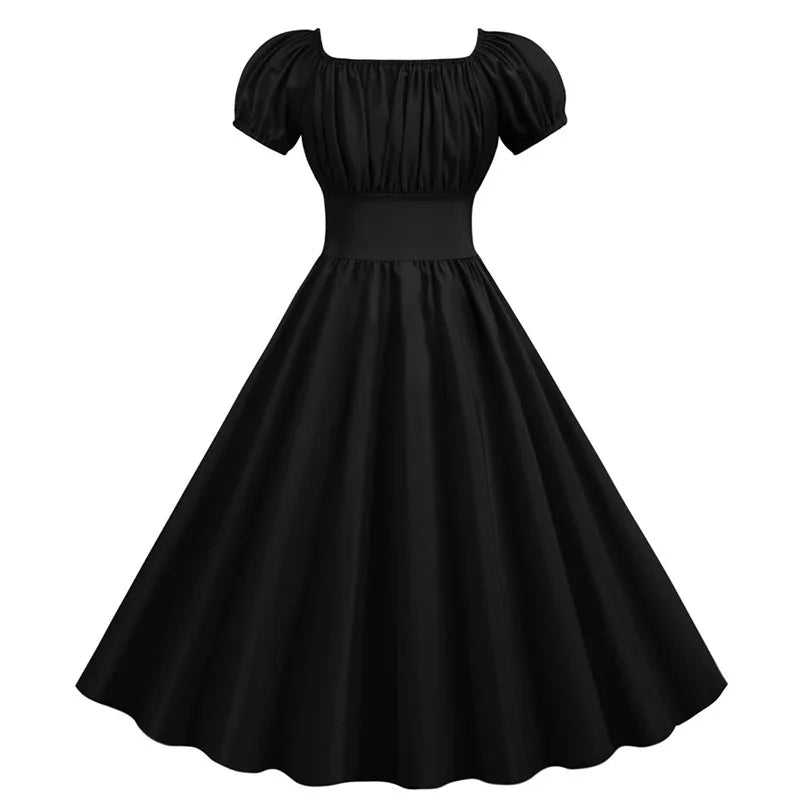 Women Vintage Dress Robe Elegant Party  Casual Office Midi Dress Femme Summer Puff Sleeve Square Collar Solid Red