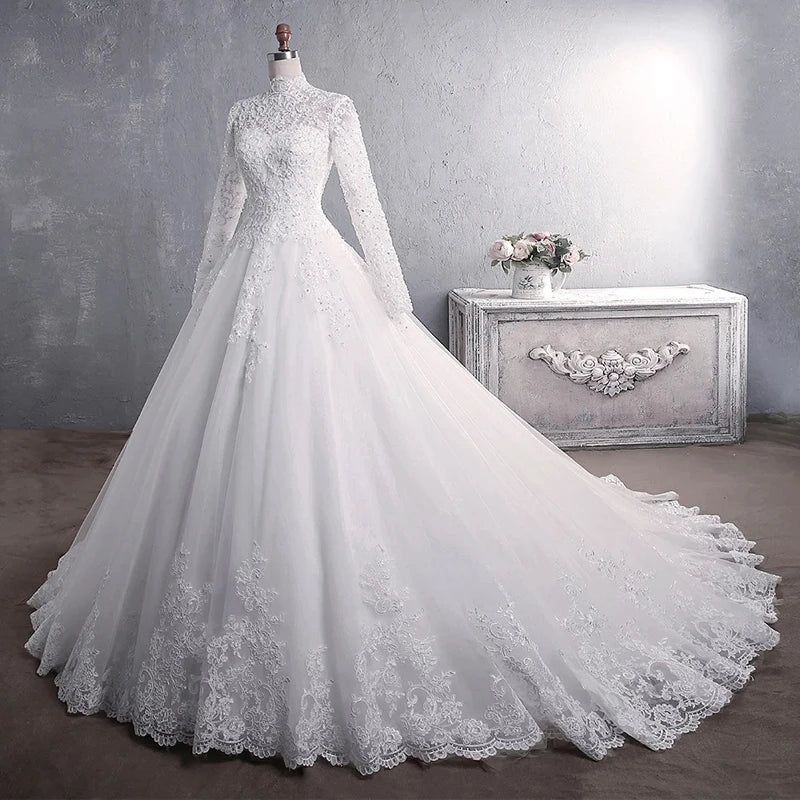 Muslim Wedding Dress 2024 Elegant High Neck With Train Princess Bride Dress Luxury Lace Wedding Gown Customized Vestido De Noiva
