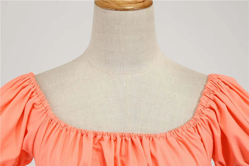 Women Vintage Dress Robe Elegant Party  Casual Office Midi Dress Femme Summer Puff Sleeve Square Collar Solid Red