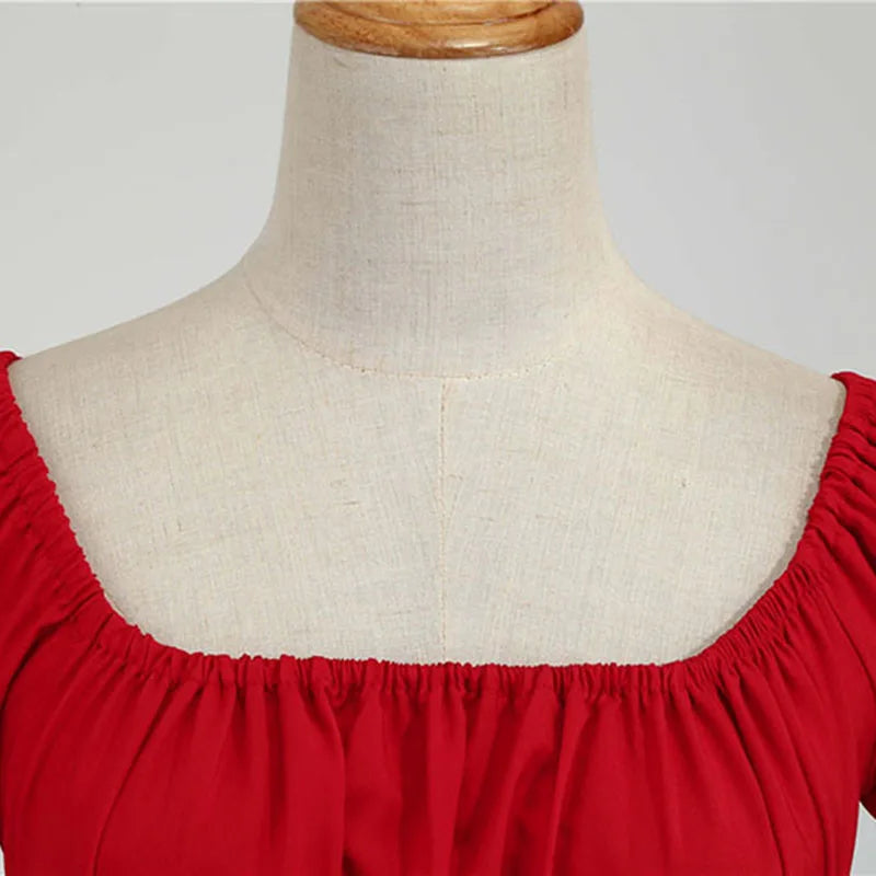 Women Vintage Dress Robe Elegant Party  Casual Office Midi Dress Femme Summer Puff Sleeve Square Collar Solid Red