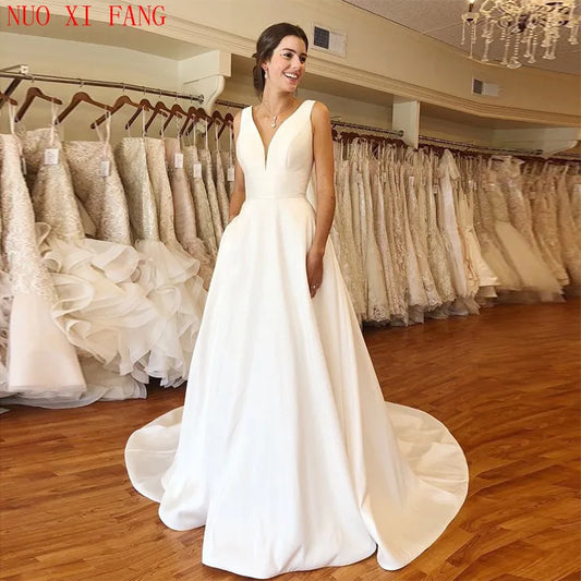Customized Elegant A-line Wedding Dresses V-neck White Ivory Simple Satin Vestidos De Novia  Lace Up Back Wedding Bridal Gowns