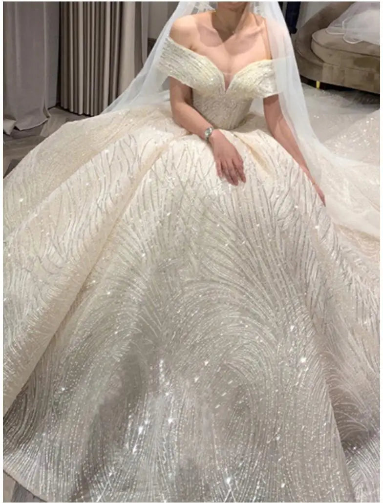 Ezkuntza Luxury Shiny Wedding Dress Sweetheart Bridal Gown Off The Shoulder Vestido De Noiva Robe De Mariee Customized