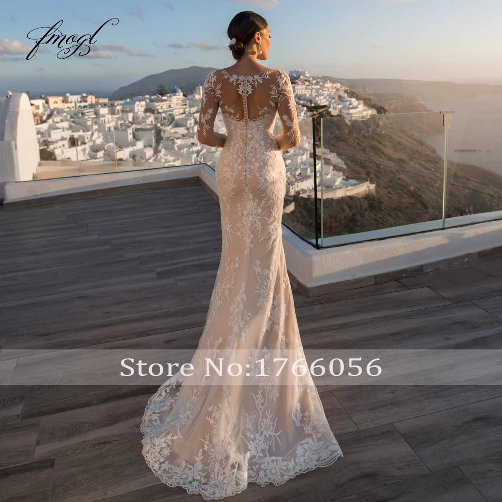 Customized Sexy Illusion Long Sleeve Lace Mermaid Wedding Dresses Luxury Appliques Button Detachable Train Trumpet Bride Gown