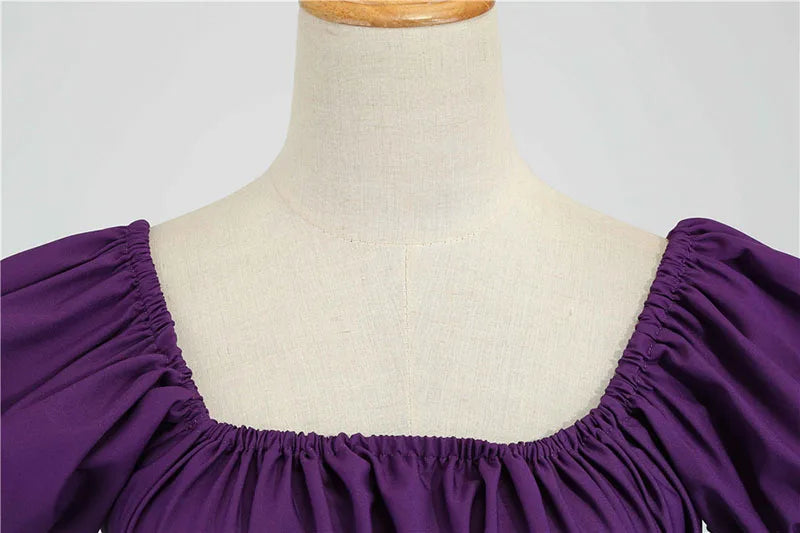 Women Vintage Dress Robe Elegant Party  Casual Office Midi Dress Femme Summer Puff Sleeve Square Collar Solid Red