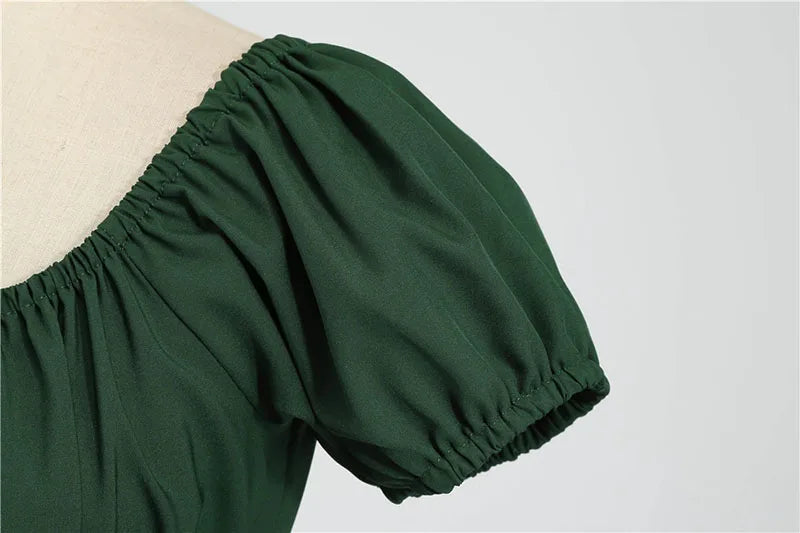 Women Vintage Dress Robe Elegant Party  Casual Office Midi Dress Femme Summer Puff Sleeve Square Collar Solid Red