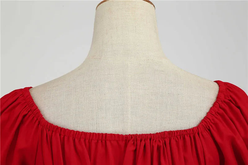 Women Vintage Dress Robe Elegant Party  Casual Office Midi Dress Femme Summer Puff Sleeve Square Collar Solid Red