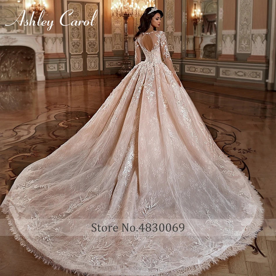 Ashley Carol Lace Ball Gown Wedding Dresses Sexy Vestido De Noiva Long Sleeve Appliques Lace Up Luxury Cathedral Wedding Gowns