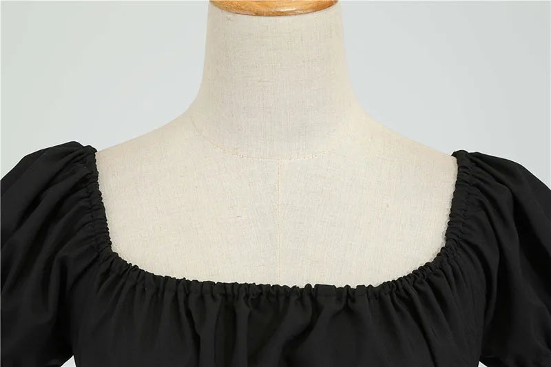 Women Vintage Dress Robe Elegant Party  Casual Office Midi Dress Femme Summer Puff Sleeve Square Collar Solid Red