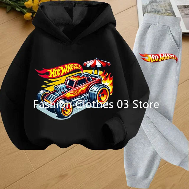 Fashion Sweatshirt Casual Sportswear Kids Clothing Hot Wheels Car Game Printed Hoodie Coat 3-12 Yrs Boys Girls Toddler Top+pants