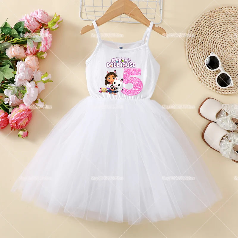 Gabby Dollhouse Suspenders Dress Puffy Cute Cartoon Anime Summer Girls Dresses Mesh Baby Kids Trend Princess Skirt Birthday Gift