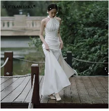 Luxury French White Satin Trailing Bride Wedding Dress Sexy Halter Backless Ball Gown Wedding Evening Prom Dresses for Women