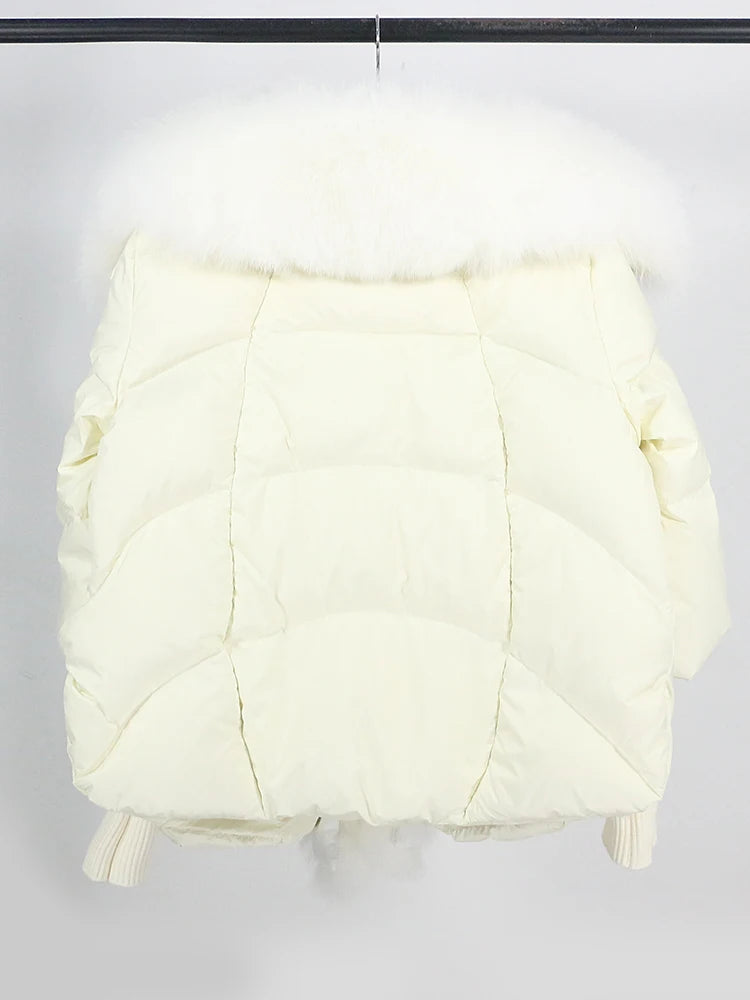 OFTUBY 2023 White Duck Down Jacket Winter Women Warm Loose Coat Natural Real Fox Fur Collar Thick Luxury Outerwear New Fashion