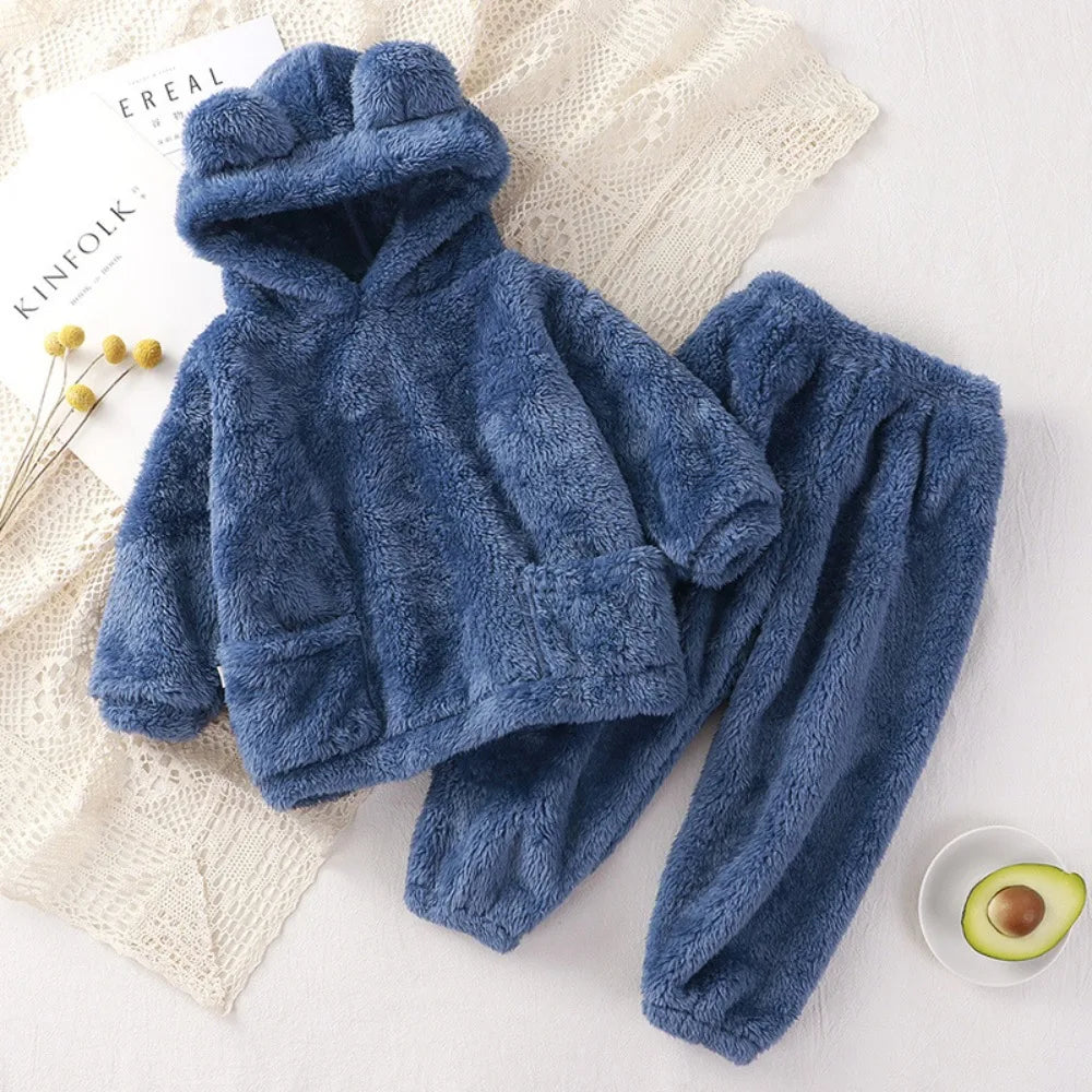 Girls Clothes New Autumn and Winter Teddy Bear Hooded Pocket Long Sleeved Pajamas+Pants Two-piece Home Warm Children's Clothing
