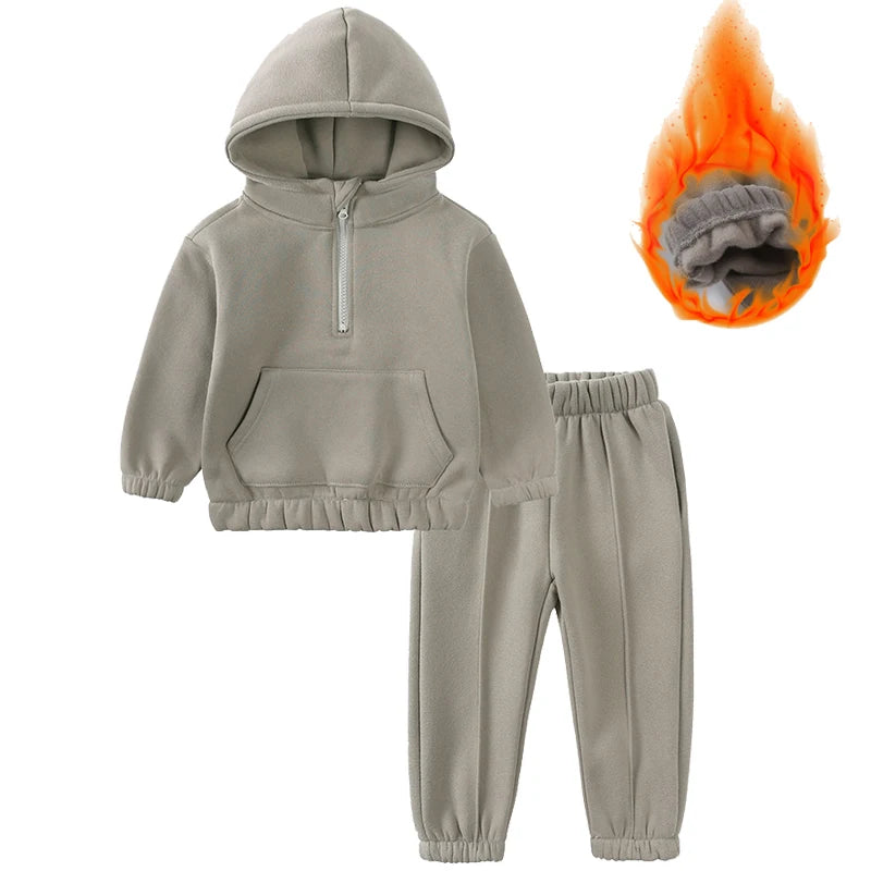 2-12 years old children's clothing winter new boys and girls' fleece sweater suit hooded Plush sportswear children's suit