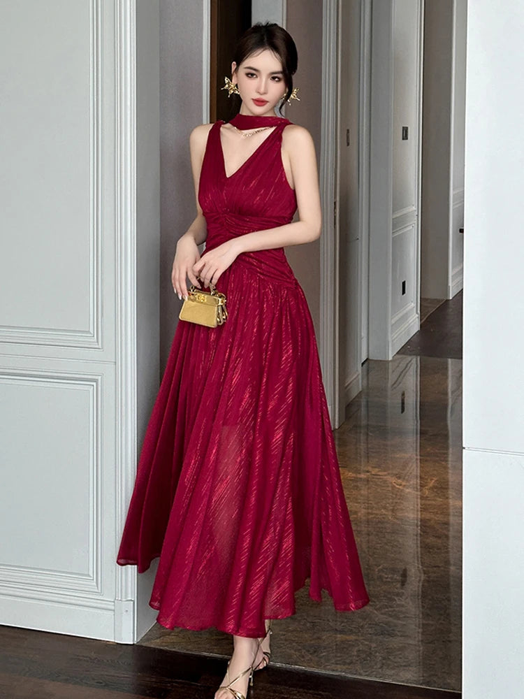 New Summer Chiffon Bright Silk Red Gown Evening Dress Women Clothes Elegant Sexy Tank V-Neck A-Line Maxi Robe Party Prom Vestido