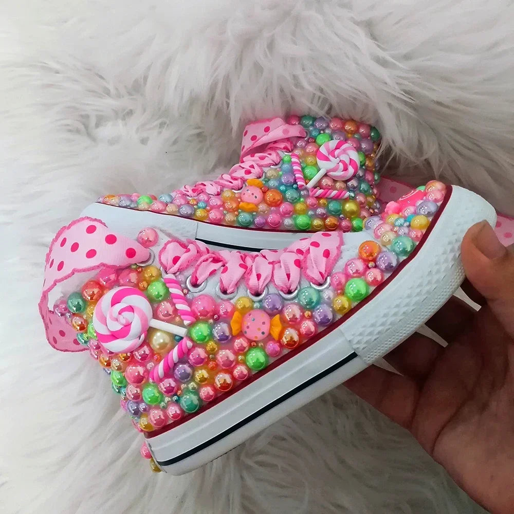 Handmade Rhinestones Bling Girls Womens Kids And Mother Candy Canvas Shoes Pearls Sneakers For Girl Birthday Party Wedding