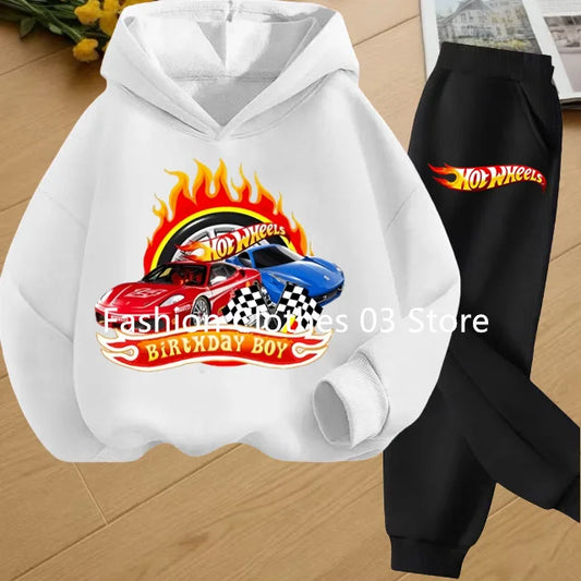 Fashion Sweatshirt Casual Sportswear Kids Clothing Hot Wheels Car Game Printed Hoodie Coat 3-12 Yrs Boys Girls Toddler Top+pants