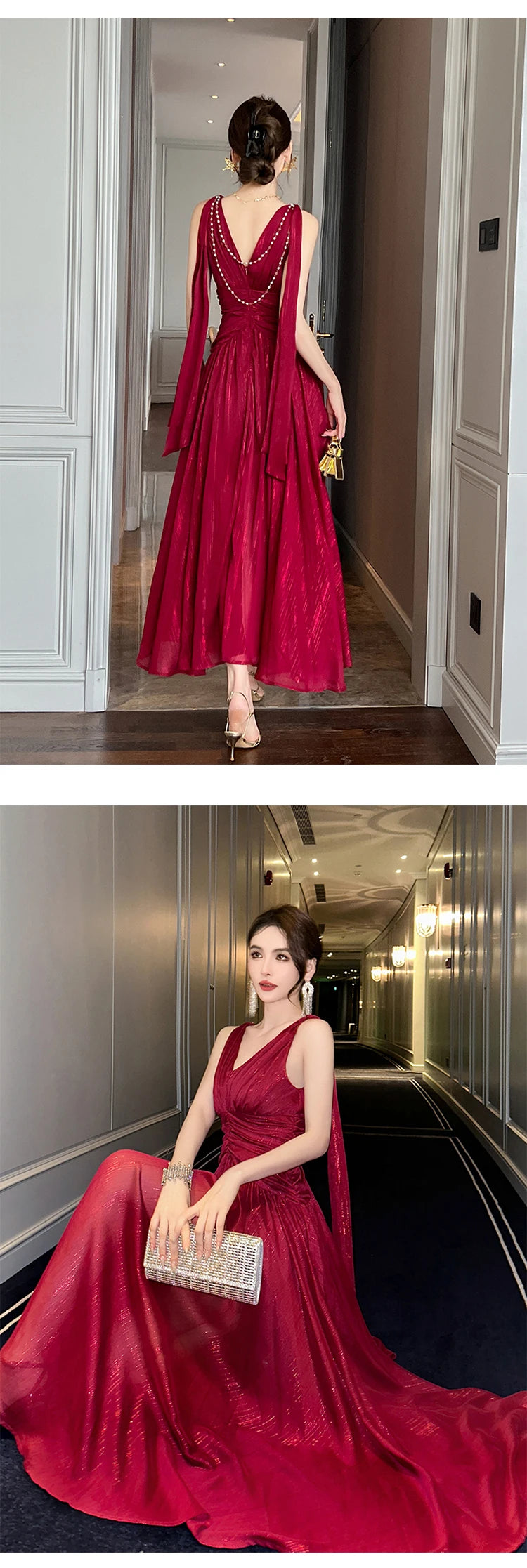 New Summer Chiffon Bright Silk Red Gown Evening Dress Women Clothes Elegant Sexy Tank V-Neck A-Line Maxi Robe Party Prom Vestido