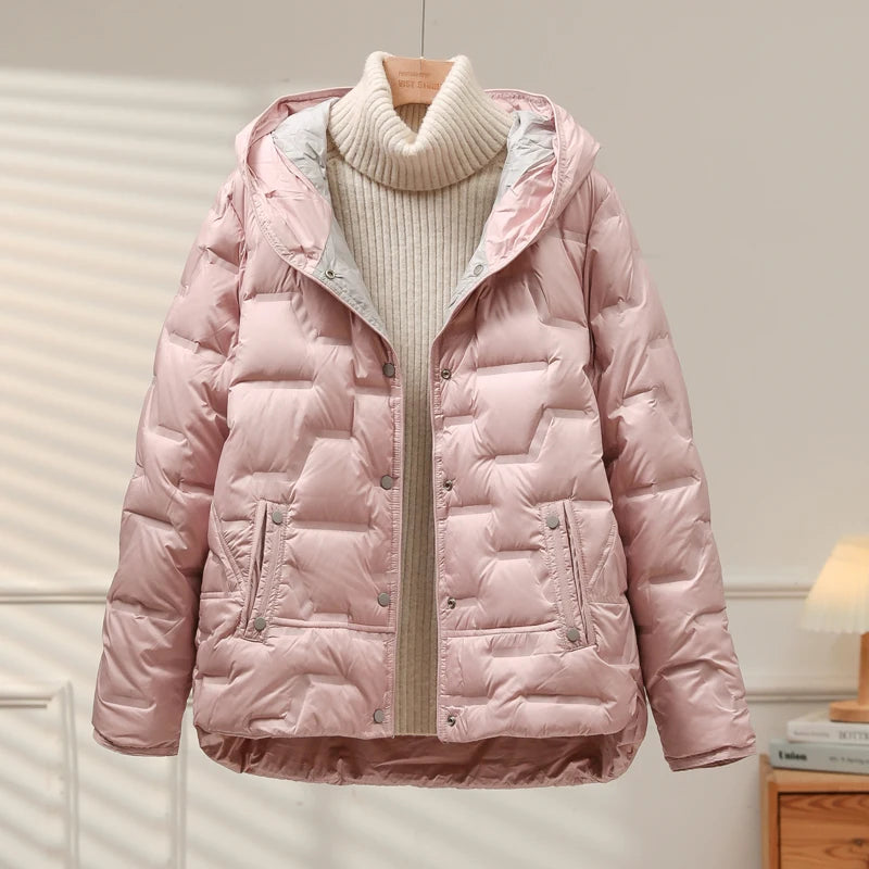 Lagabogy 2025 Autumn Winter Women White Duck Down Coat Casual Single Breasted Hooded Jacket Female Light Puffer Parka Outwear