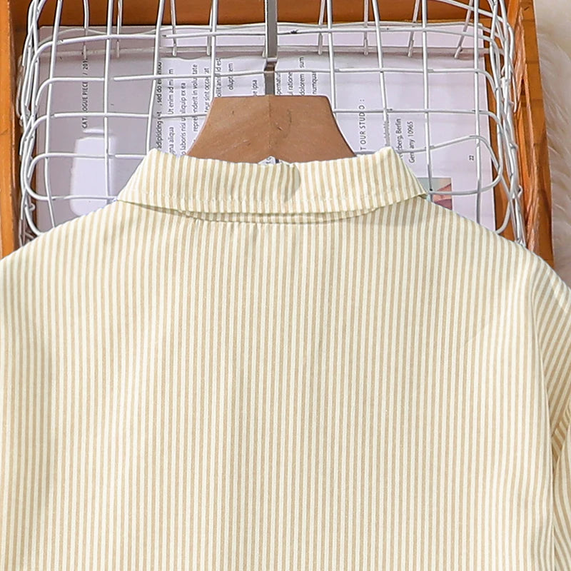 Spring Hot Sale Kids Outfit 4-12 Years Girls Striped Long Sleeve Chemise + Casual Loose Straight Leg Pants Shirt Suit 2Pcs Set