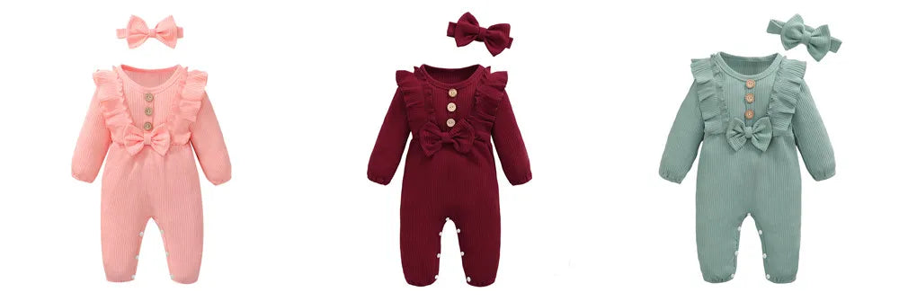 Newborn Baby Girl Romper Long Sleeved Ruffle Bodysuit with Headband Autumn & Winter Onesie Outfit Clothing for Baby 0-18 Months