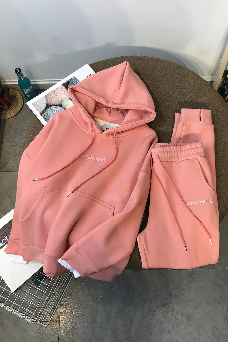 Winter Sweatshirts Women Hooded Tracksuit Two Pieces Set Hoodies Pockets Pants Suit Drawstring Trousers Sports Outfits Autumn