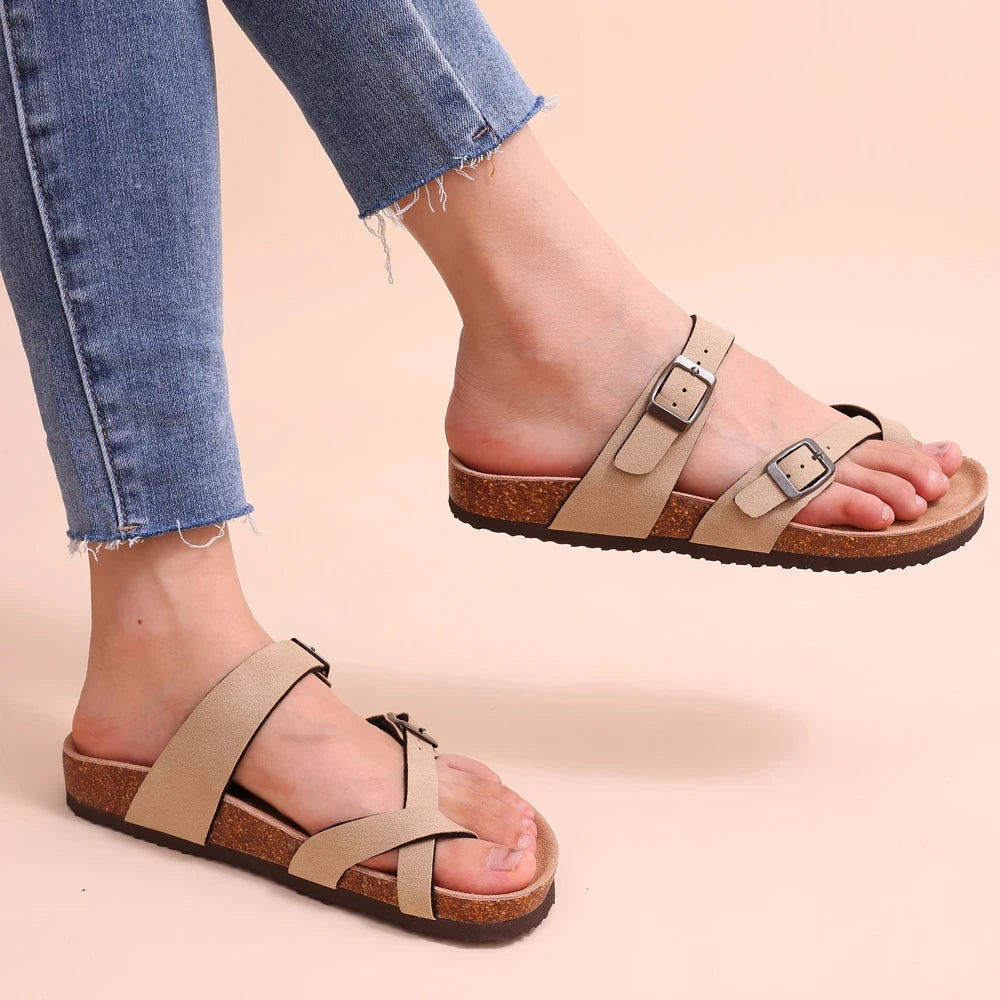 Kidmi New Fashion Women's Sandals Summer Cork Clogs Sandals Classic Women Mules Soft Suede Beach Slides With Adjustable Buckle