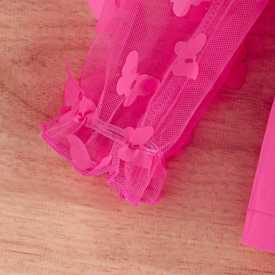 Children Clothing Stylish Girls Kids Autumn Winter Long Sleeve Bow-Tie Mesh-Sleeved Suit Pant Set Everyday Wear Children Sets