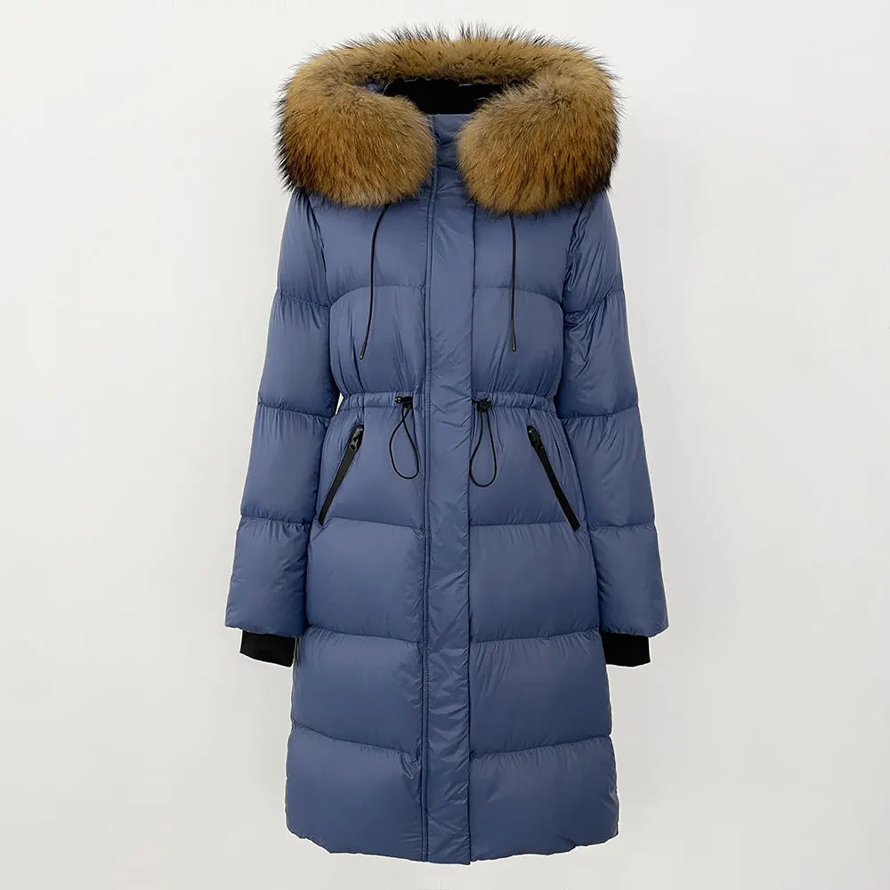 2024 Winter New  Casual Fashion Slim Warm Jacket Female White Duck Down Real Fox Fur Real Raccoon Fur Long Hooded Coat Women
