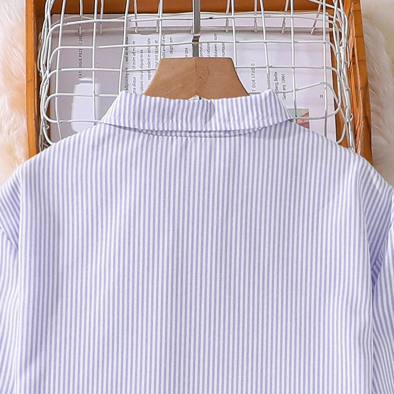 Spring Hot Sale Kids Outfit 4-12 Years Girls Striped Long Sleeve Chemise + Casual Loose Straight Leg Pants Shirt Suit 2Pcs Set