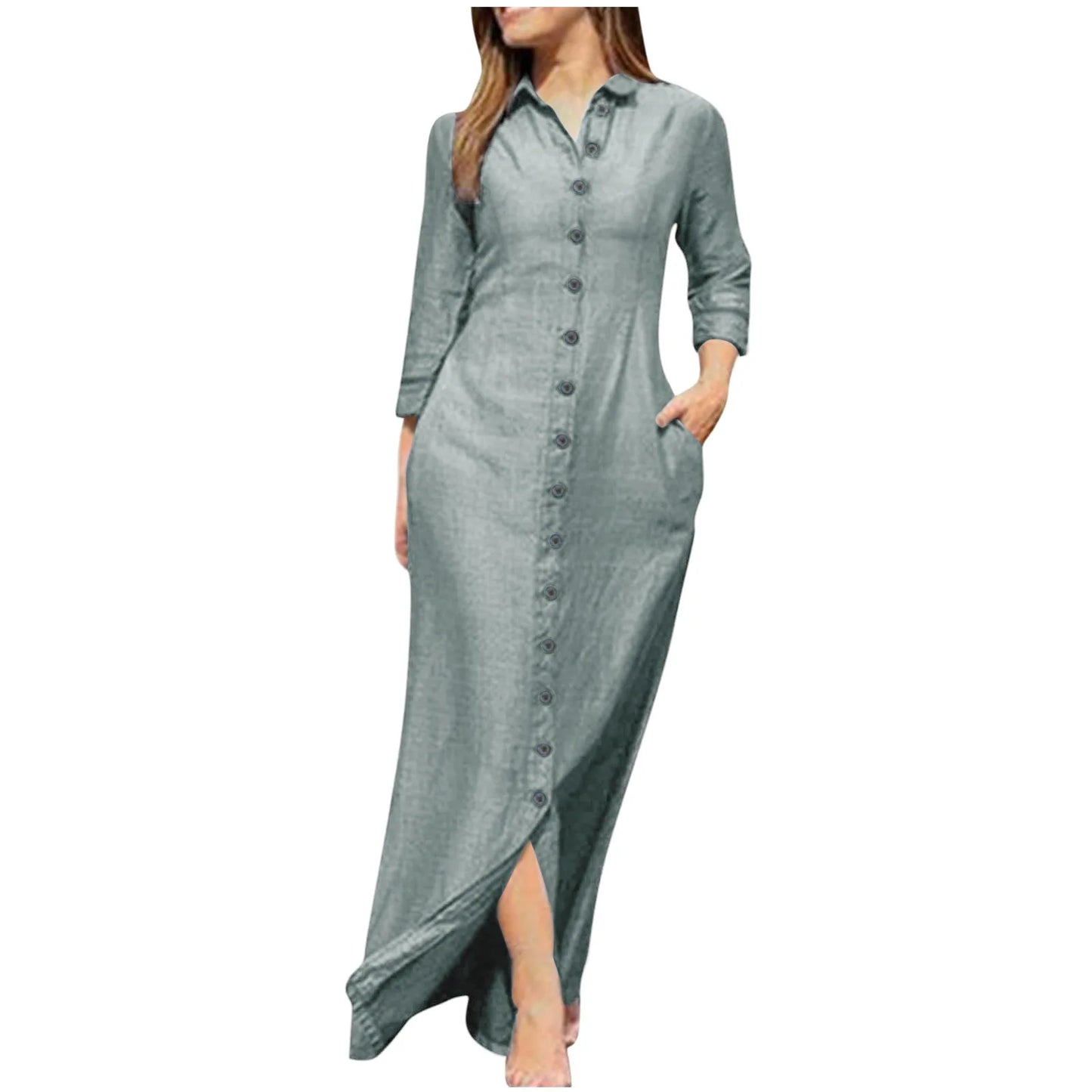 Autumn Women's Clothing Style Elegant Fashionable Neutral Style Long Sleeved Lapel Cardigan Solid Color Long Cotton Linen Dress