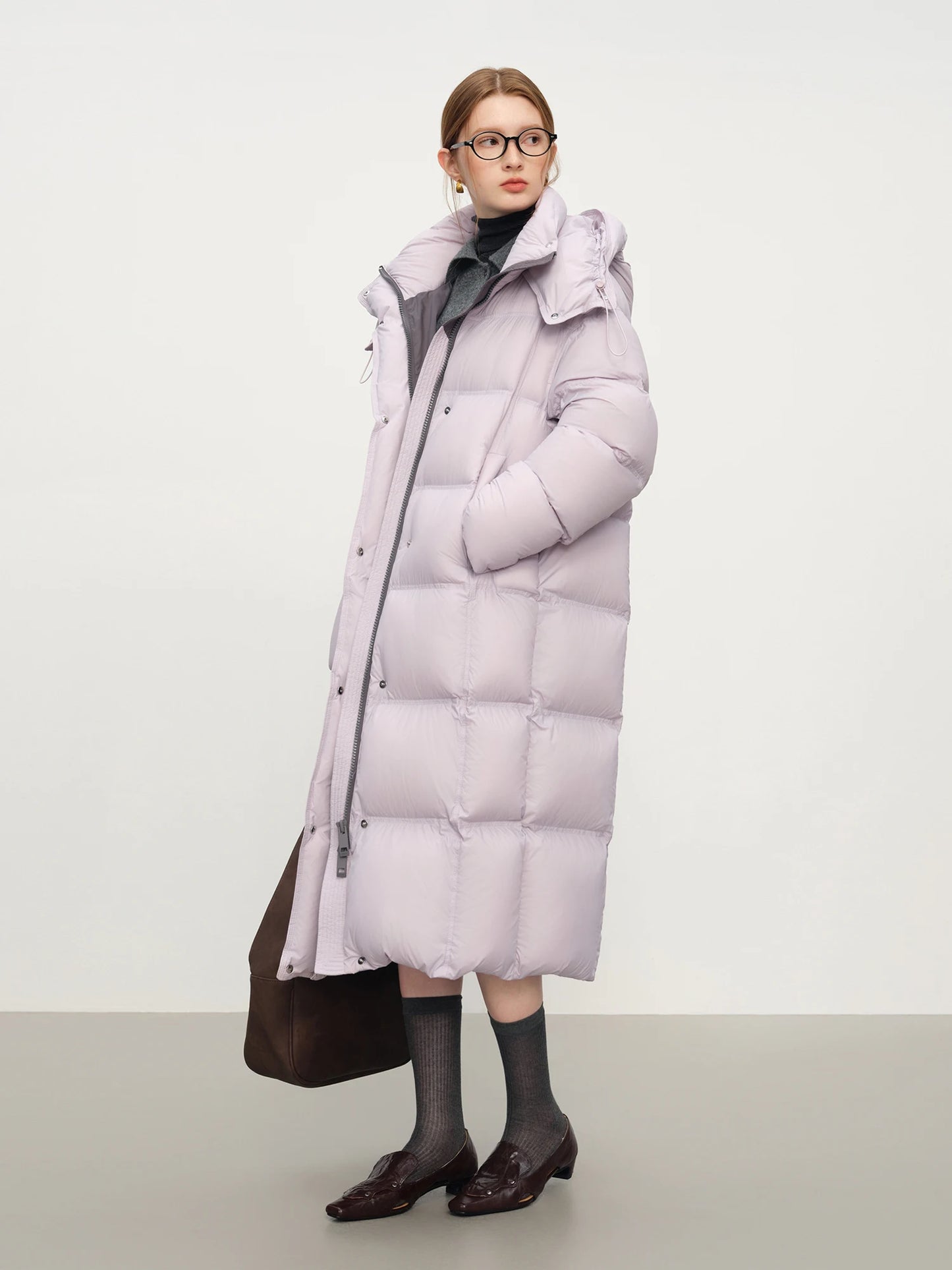 FSLE 2025 Winter New Women's Long Puffer Down Coat with Hood Two-Tone Color Block Thermal Insulated Jacket Heavy Warm Outerwear