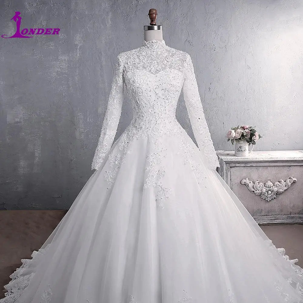 Muslim Wedding Dress 2024 Elegant High Neck With Train Princess Bride Dress Luxury Lace Wedding Gown Customized Vestido De Noiva