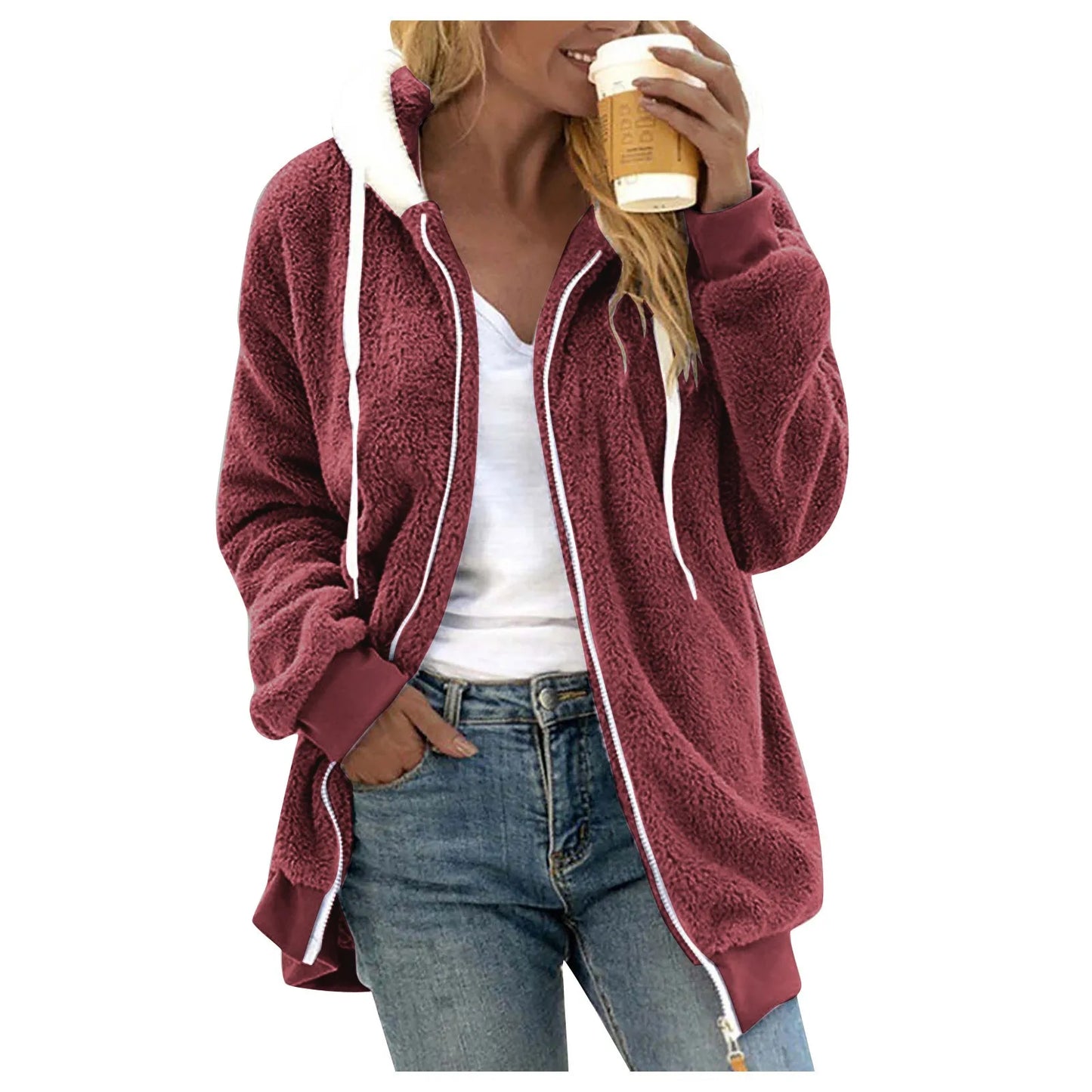 Winter Fashion Women's Coat New Casual Hooded Zipper Ladies Clothes Cashmere Women Fleece Jacket Solid Color Ladies Coats