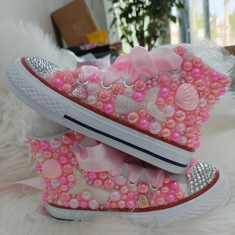 Handmade Rhinestones Bling Girls Womens Kids And Mother Candy Canvas Shoes Pearls Sneakers For Girl Birthday Party Wedding