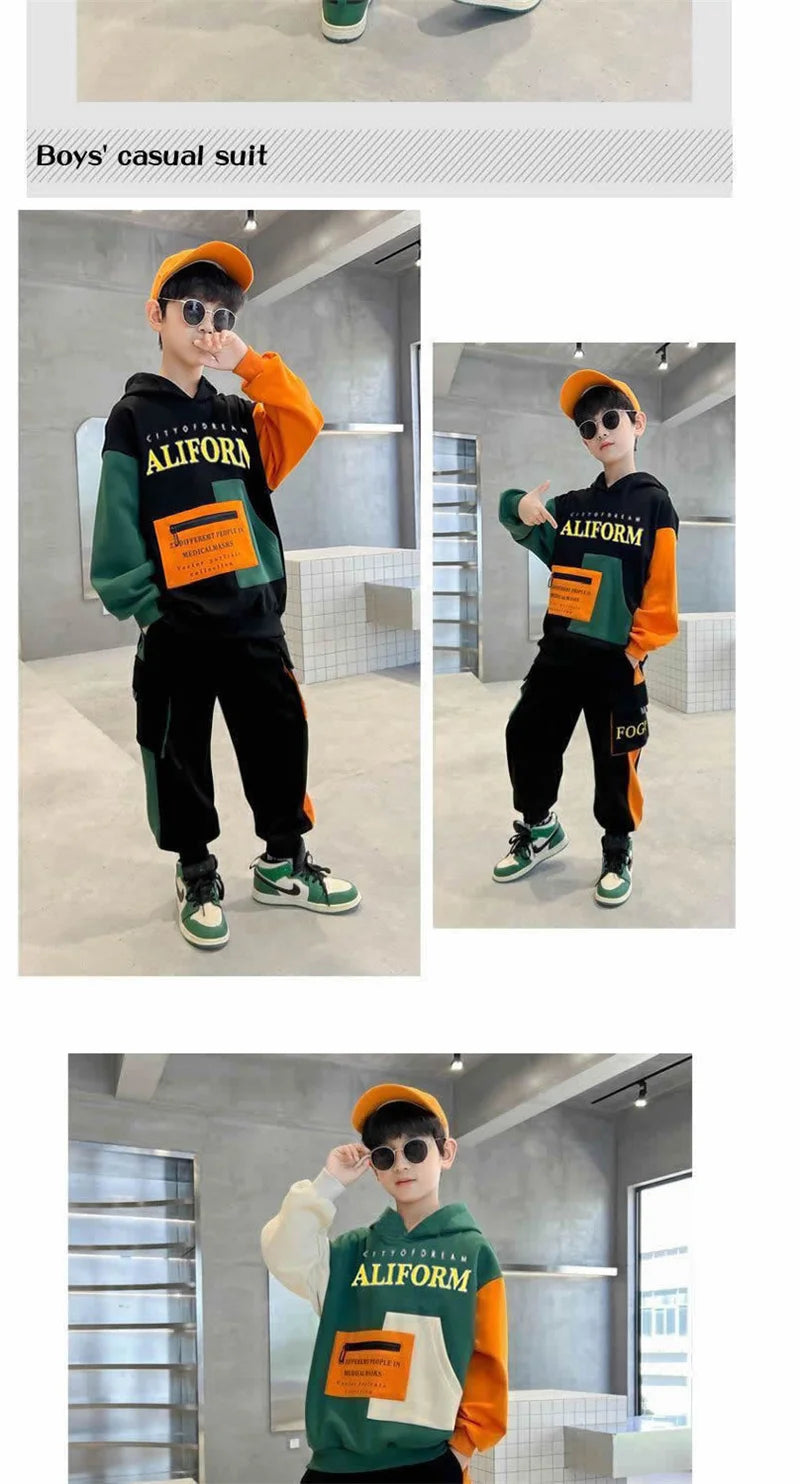 Boys Hooded Sweatshirt Sets Autumn Sport Casual Suits Teen Pullover+Pants 2Pcs Spring Kids Tracksuit Outfits Children Clothes