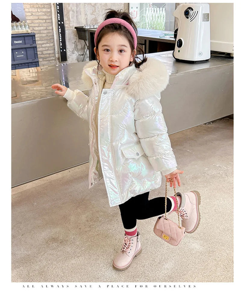 New Winter Coats Girls Warm Long Down Jackets Kids Fashion Unicorn Shiny Waterproof Parka Children Fur Collar Hooded Outerwear