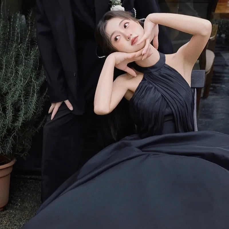 Luxury French White Satin Trailing Bride Wedding Dress Sexy Halter Backless Ball Gown Wedding Evening Prom Dresses for Women