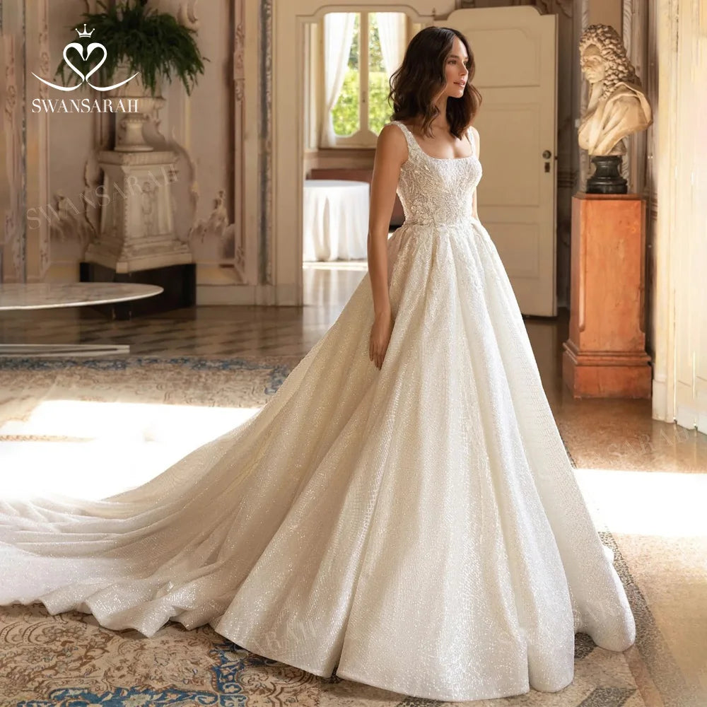 Shiny Sleeveless Wedding Dress 2025 Appliques Backless A-Line Princess Bride Gown SwanSarah P272 customized Vestido De Novia