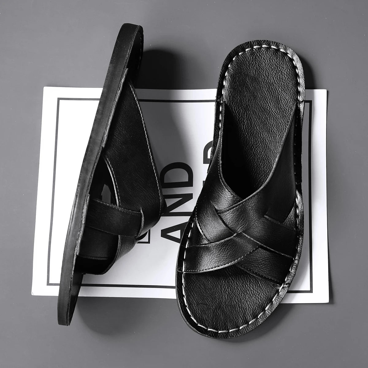 Summer Mens Flat Leather Slippers Slides Slip-on Sandals Thin Soles Retro Style Anti-skid Breathable Comfortable Big Size 48 49